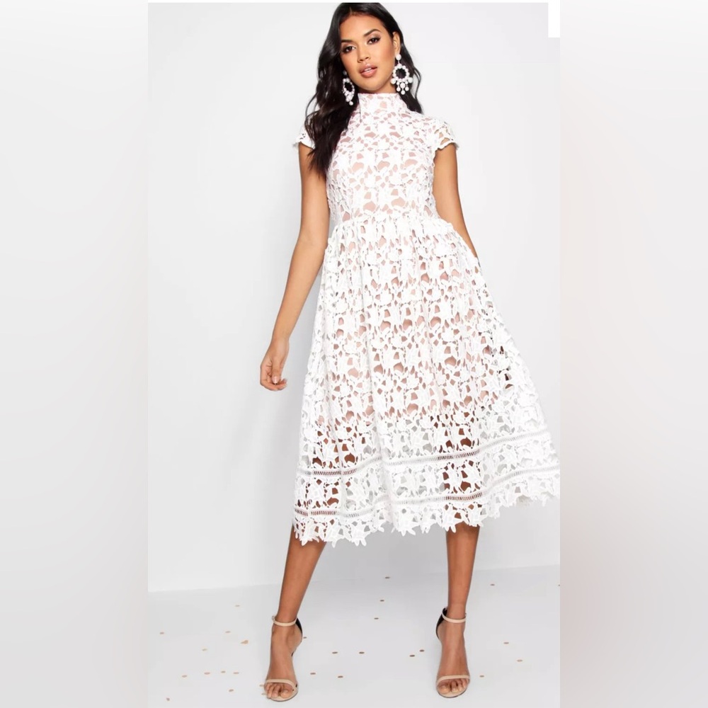 Boohoo White Lace Midi Dress
